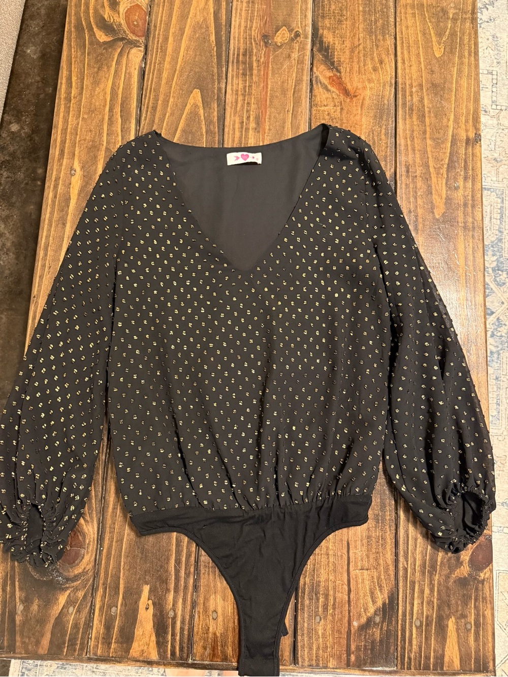 Buddy Love Black V-Neck Long Sleeve Bodysuit with Gold Dot Print